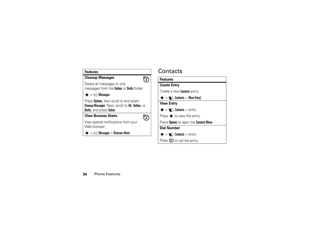 Motorola 6809504A81-A manual Messages Browser Alerts, Contacts New Entry, Press Options to open the Contacts Menu 