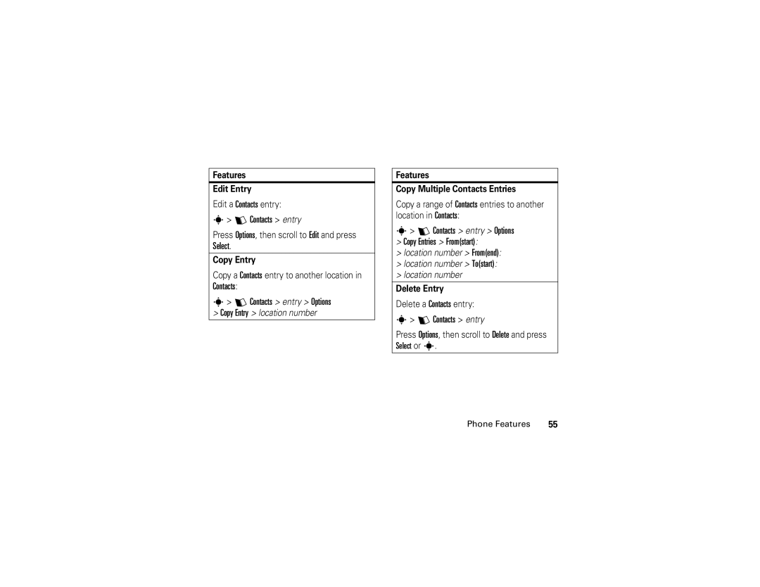 Motorola 6809504A81-A manual Contacts entry Options Copy Entries Fromstart 