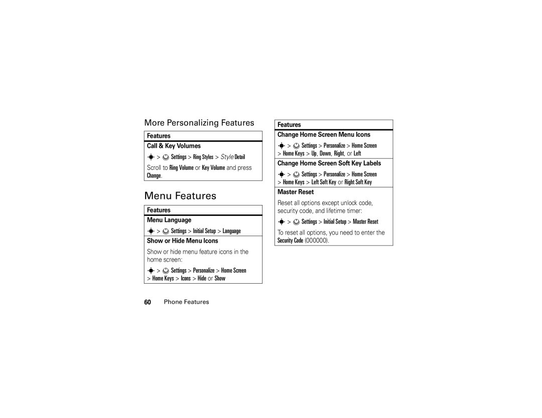 Motorola 6809504A81-A manual Menu Features, More Personalizing Features, Settings Initial Setup Language 