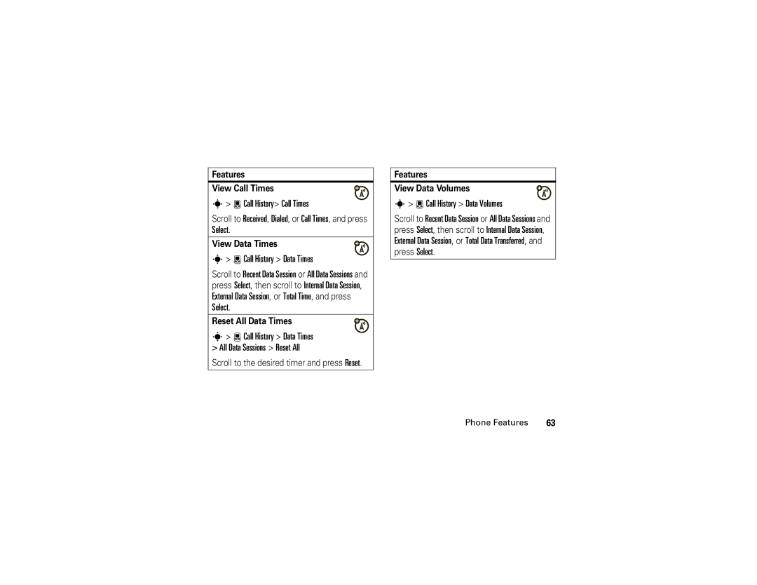 Motorola 6809504A81-A manual Call History Call Times, Call History Data Times, Call History Data Volumes 