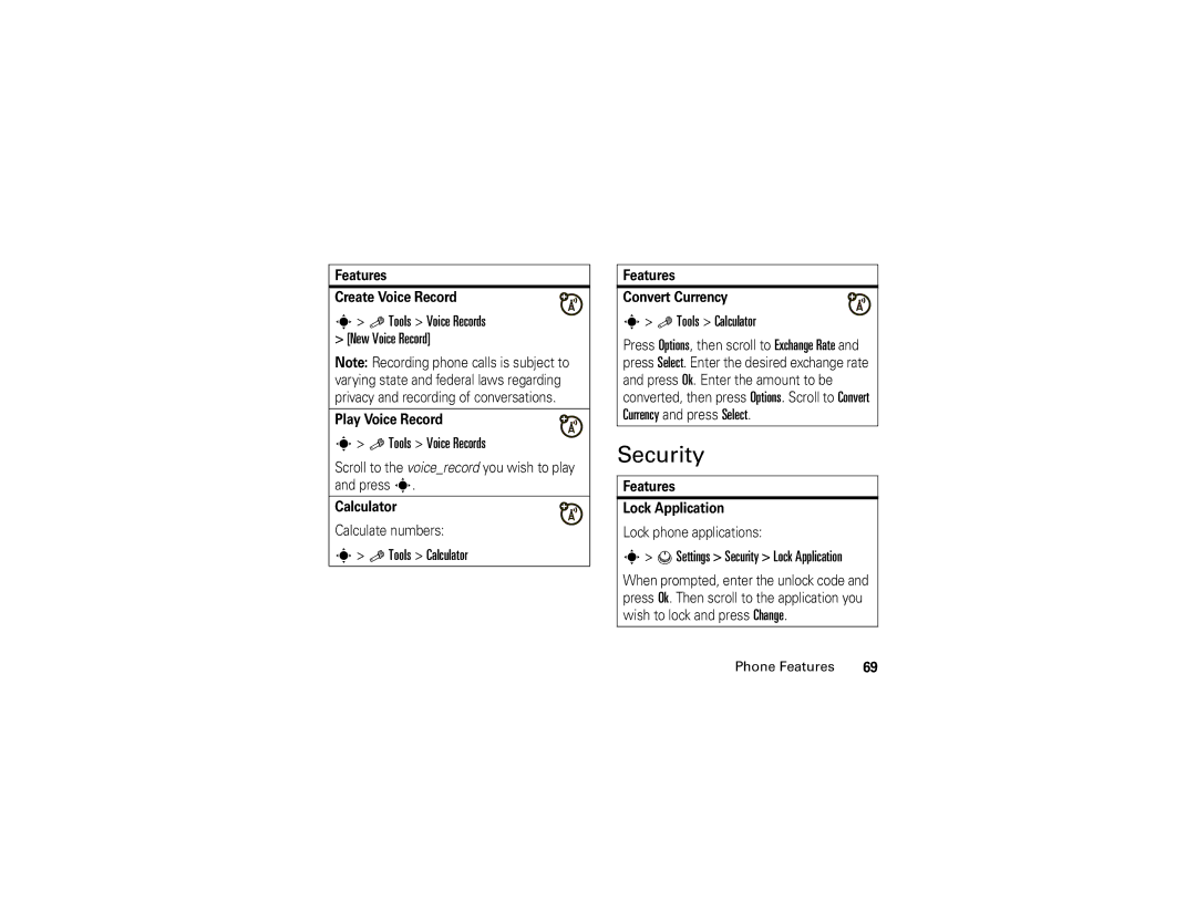 Motorola 6809504A81-A manual Tools Voice Records New Voice Record, Tools Calculator, Settings Security Lock Application 