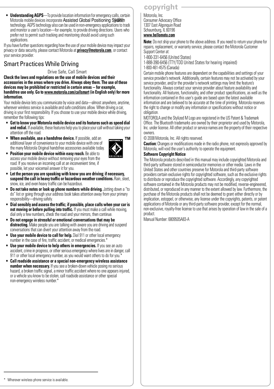 Motorola 6809505A83-A manual Smart Practices While Driving, United States, Software Copyright Notice 