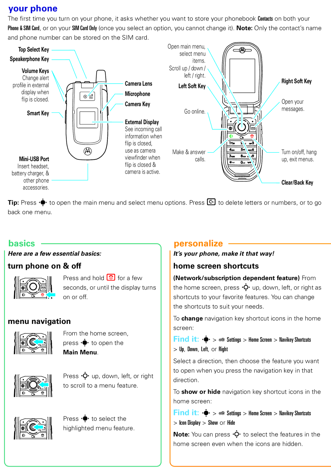 Motorola 6809505A83-A manual Turn phone on & off, Menu navigation, Home screen shortcuts 