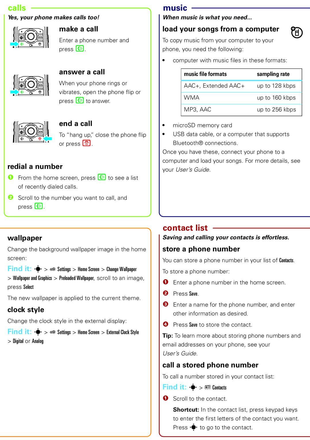 Motorola 6809505A83-A manual Make a call, Answer a call, End a call, Redial a number, Wallpaper, Clock style 