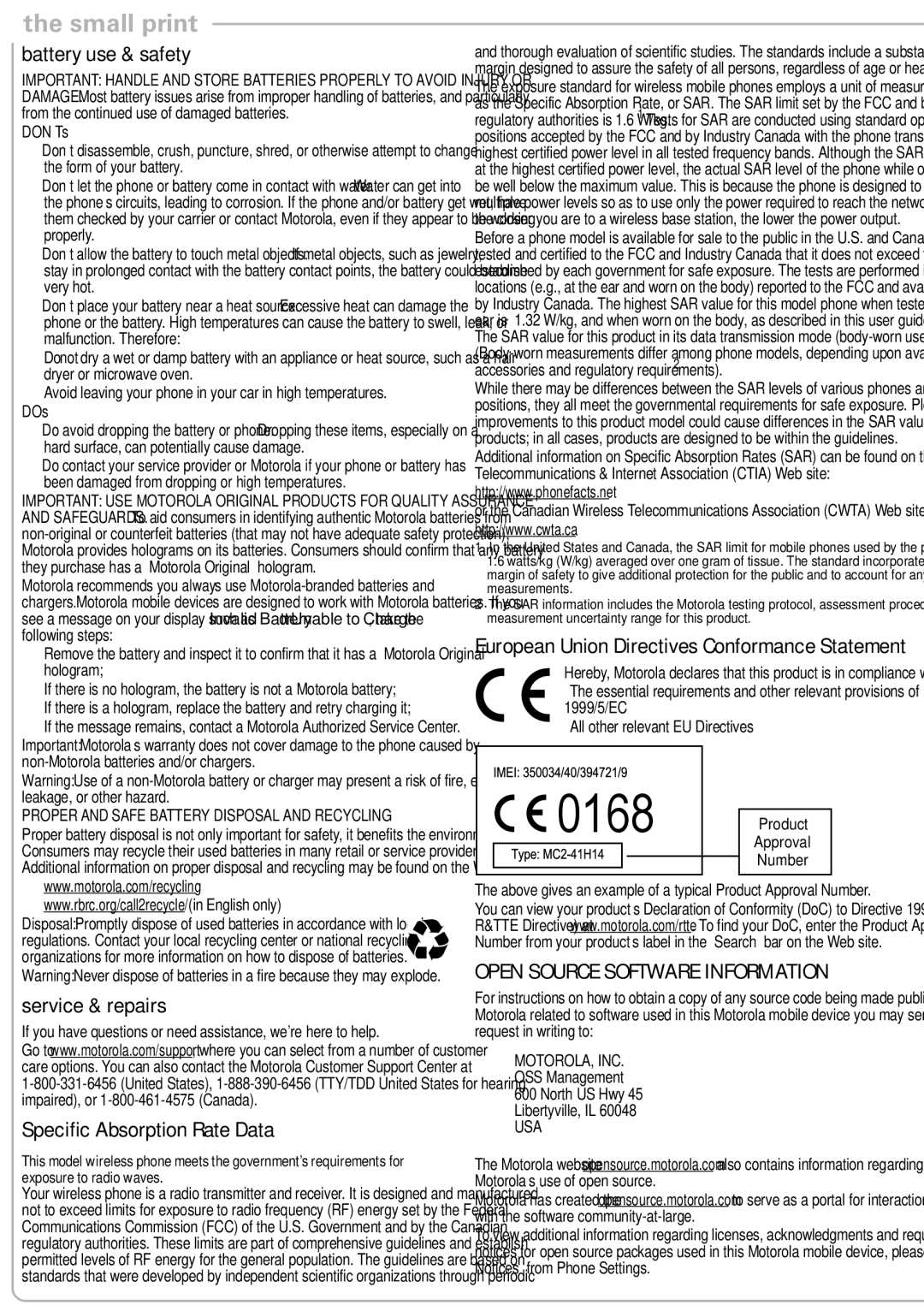 Motorola 6809505A83-A manual Battery use & safety, Service & repairs, Specific Absorption Rate Data 