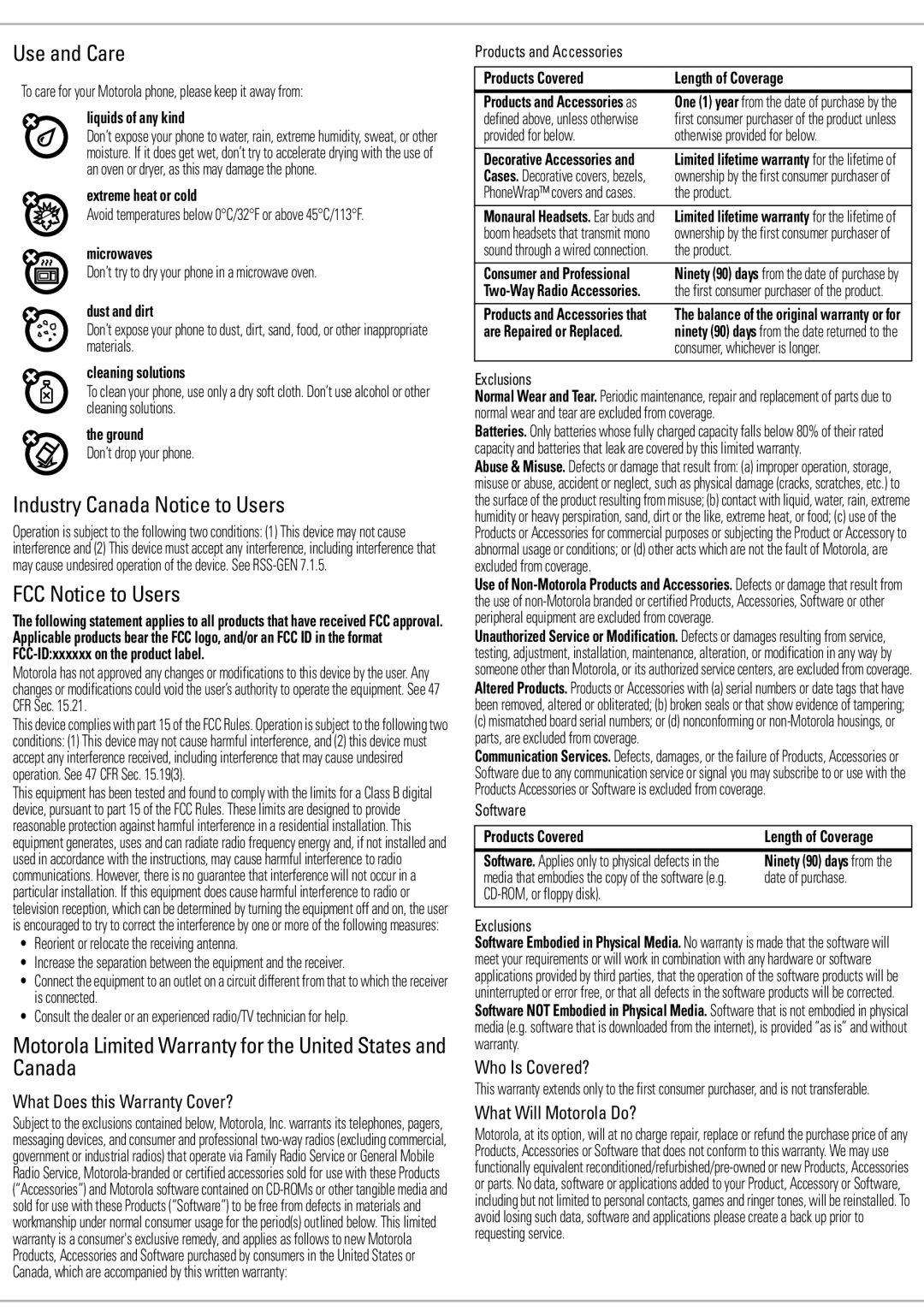 Motorola 6809505A83-A manual Use and Care, Industry Canada Notice to Users, FCC Notice to Users 