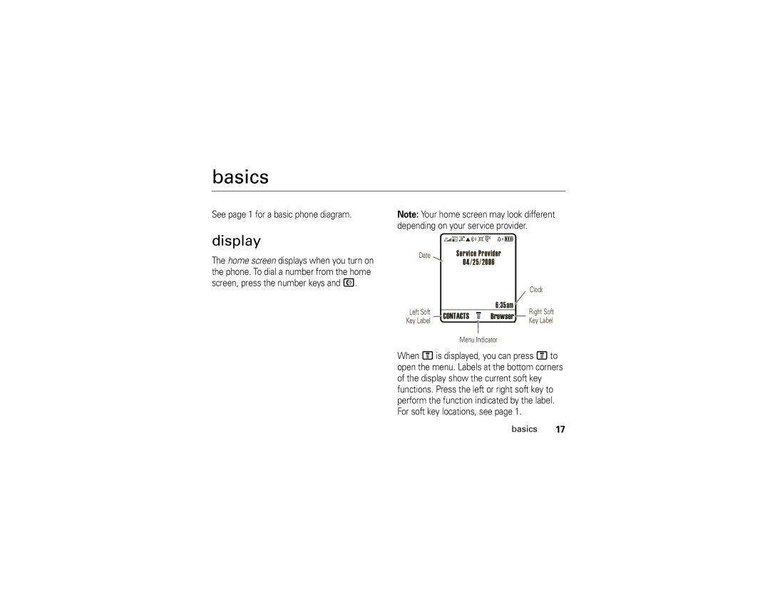 Motorola 6809512A76-A manual Basics, Display, See page 1 for a basic phone diagram 