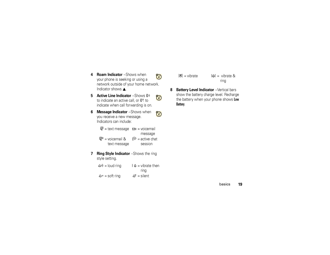 Motorola 6809512A76-A Ring Style Indicator −Shows the ring style setting, Battery when your phone shows Low Battery Basics 