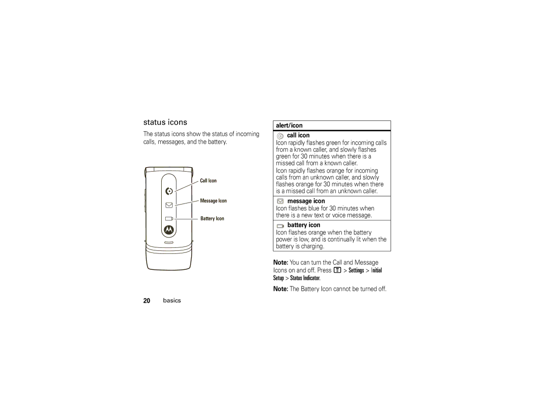 Motorola 6809512A76-A manual Status icons, Setup Status Indicator, Alert/icon Call icon, Message icon, Battery icon 