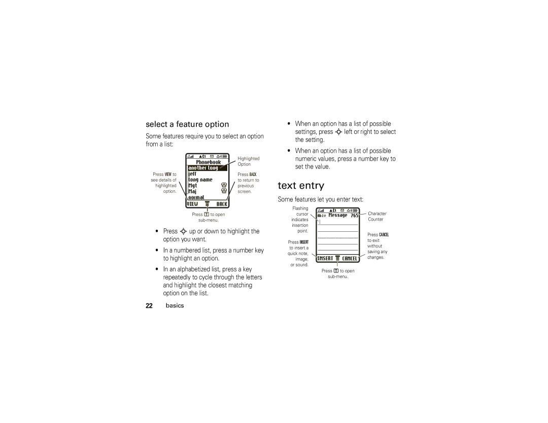 Motorola 6809512A76-A manual Text entry, Select a feature option 