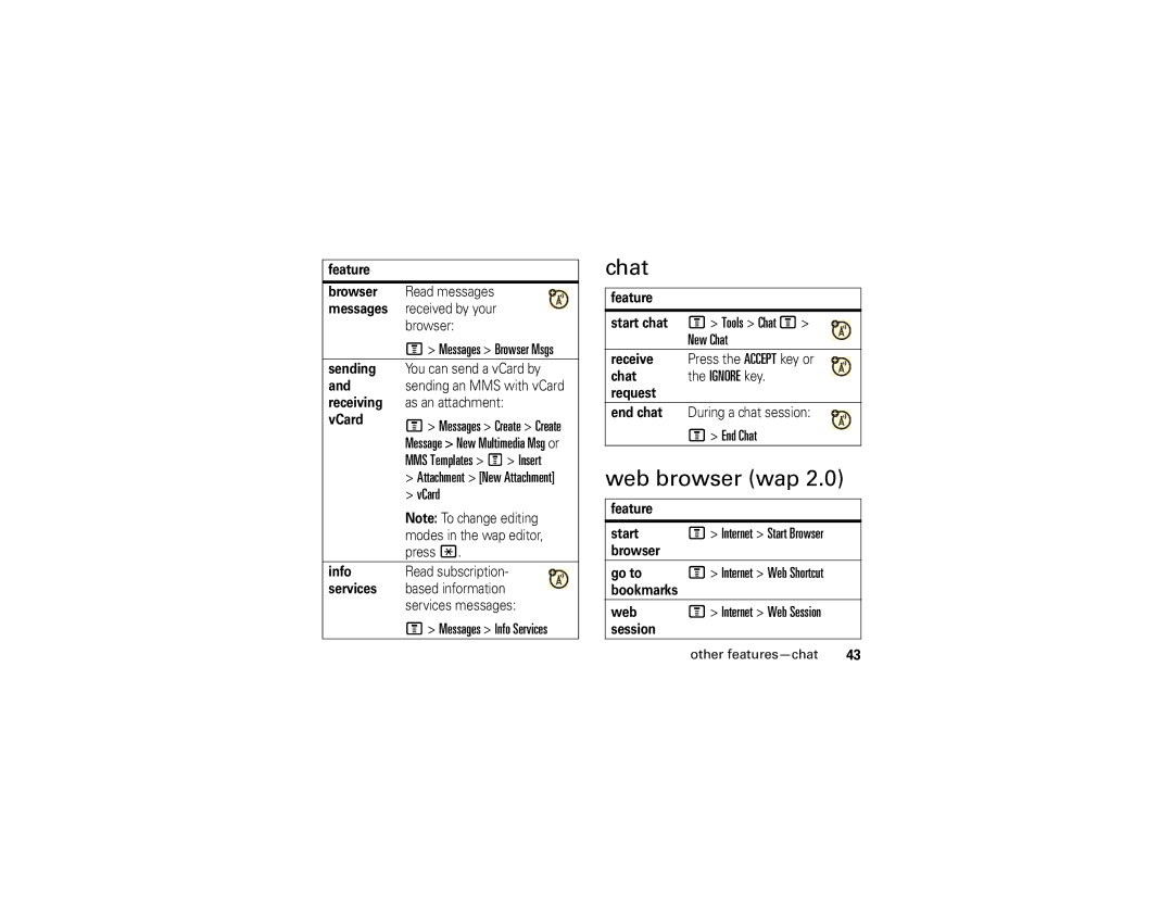 Motorola 6809512A76-A manual Web browser wap, VCard, New Chat, End Chat 