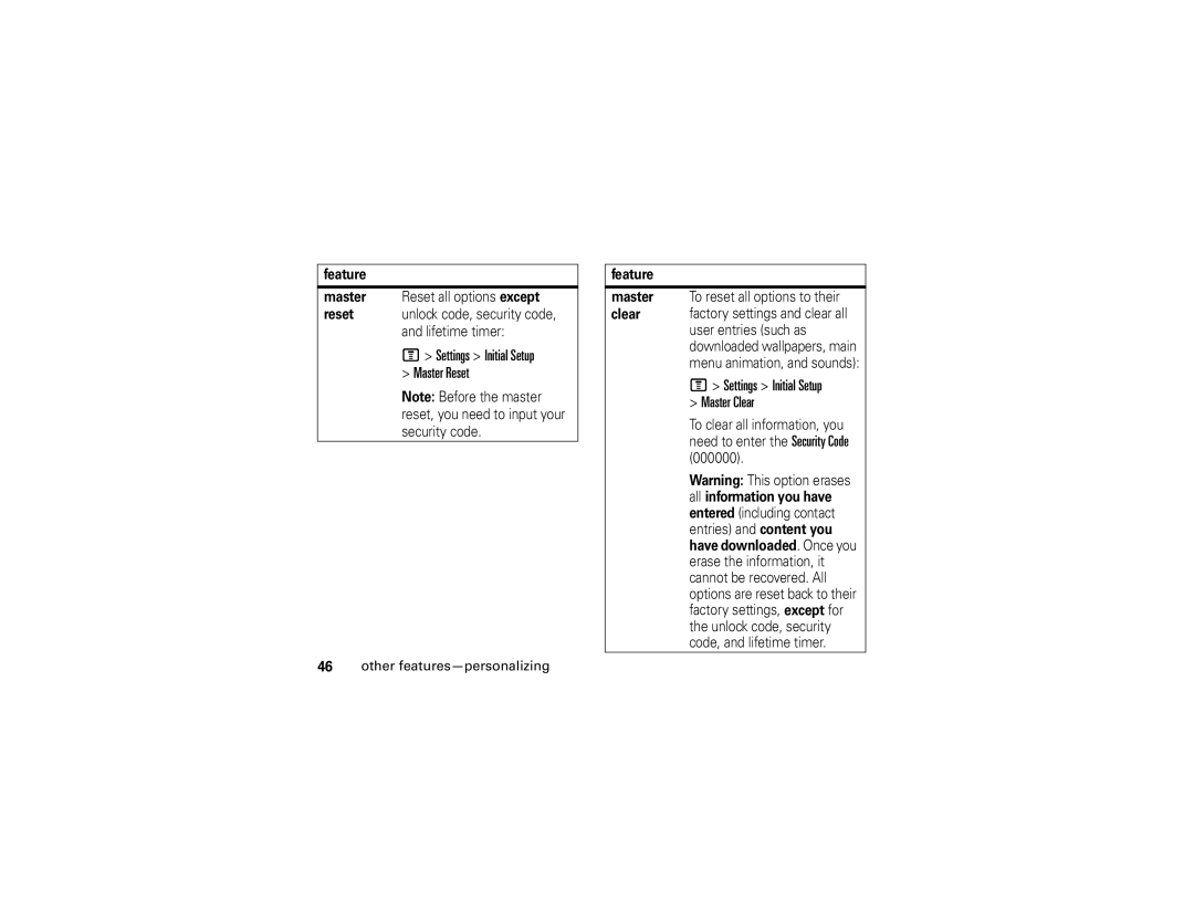 Motorola 6809512A76-A manual Settings Initial Setup Master Clear, Master To reset all options to their 