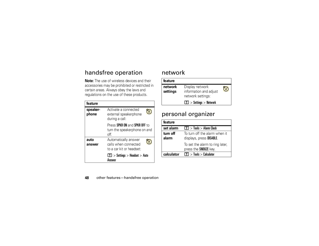 Motorola 6809512A76-A manual Handsfree operation, Network, Personal organizer 