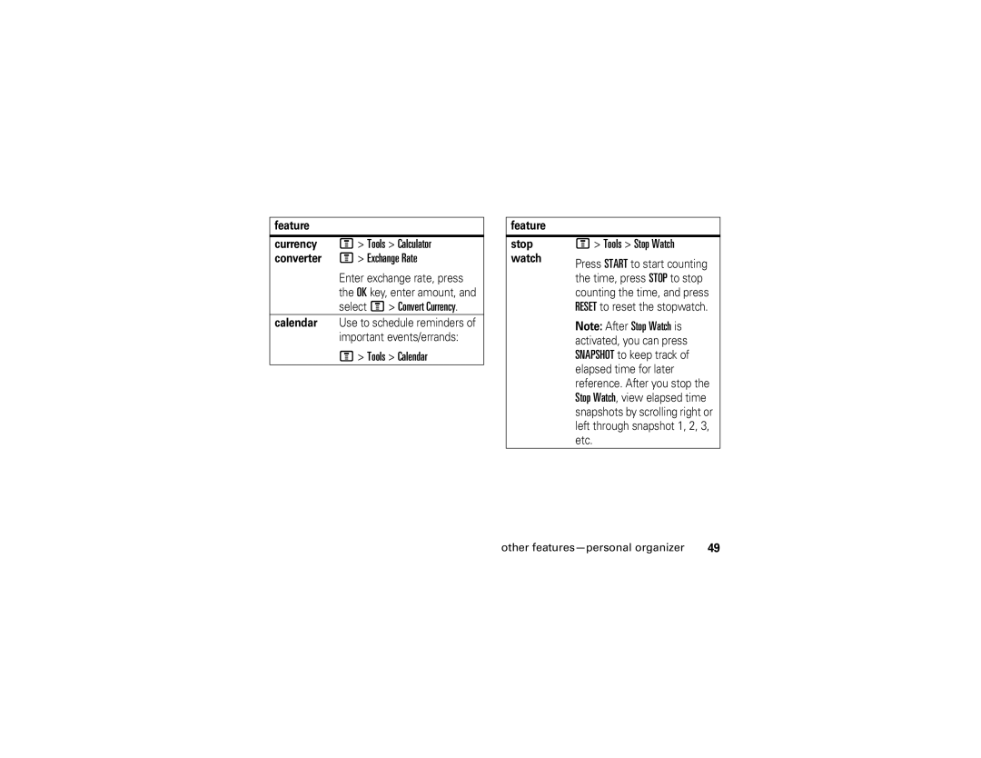 Motorola 6809512A76-A manual Tools Calendar, Tools Stop Watch, Feature Stop 