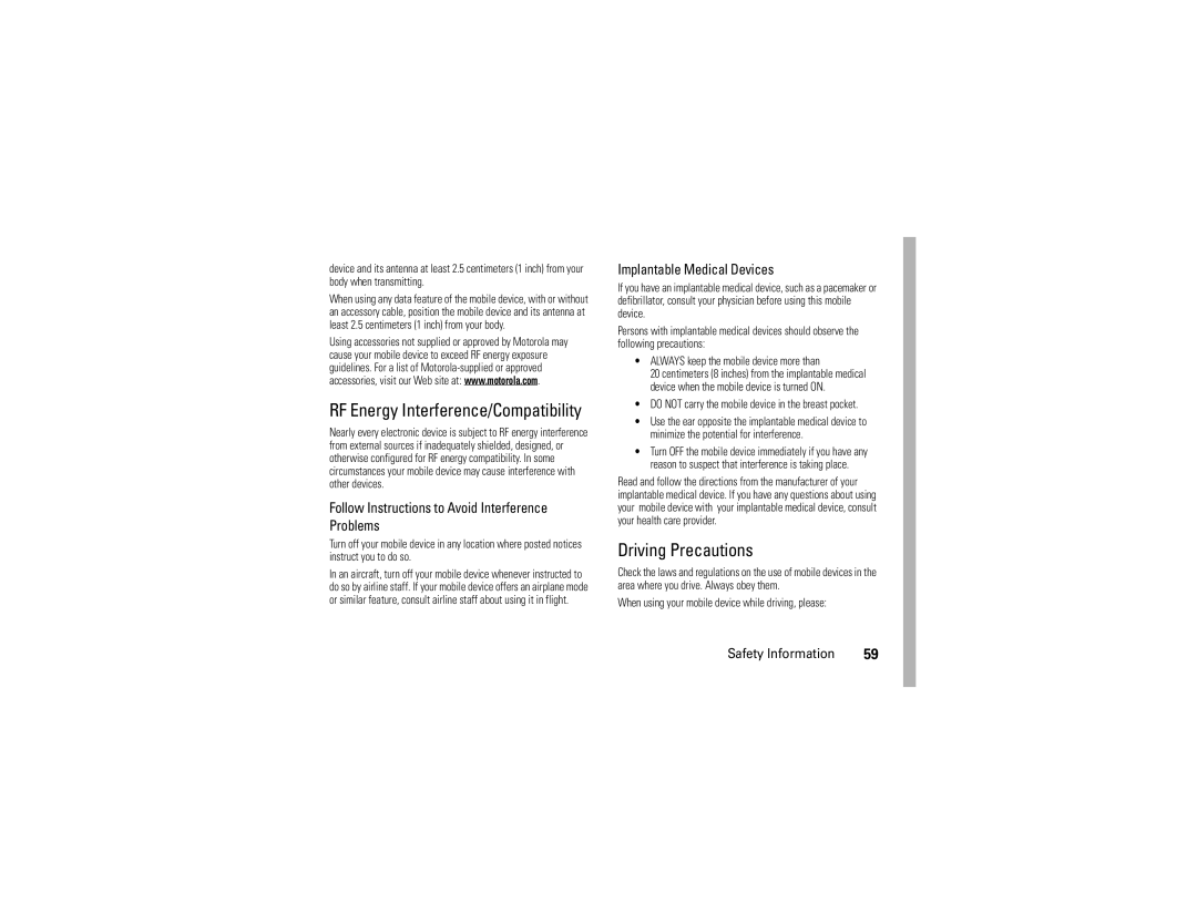 Motorola 6809512A76-A manual RF Energy Interference/Compatibility, Driving Precautions, Implantable Medical Devices 