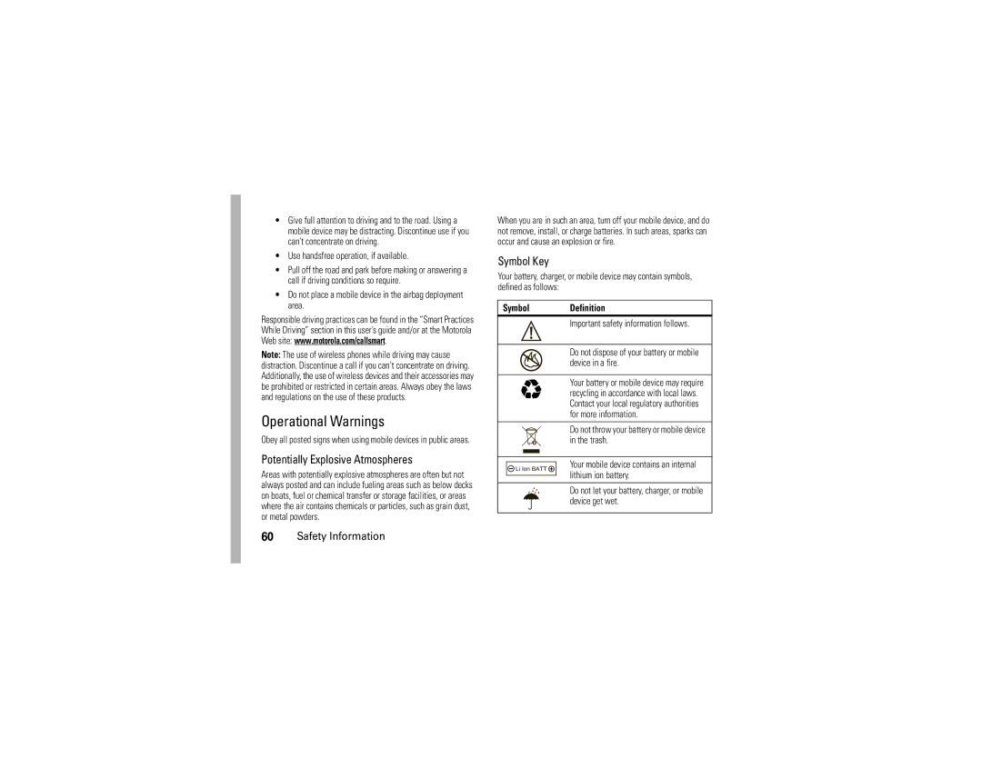 Motorola 6809512A76-A manual Operational Warnings, Potentially Explosive Atmospheres, Symbol Key 