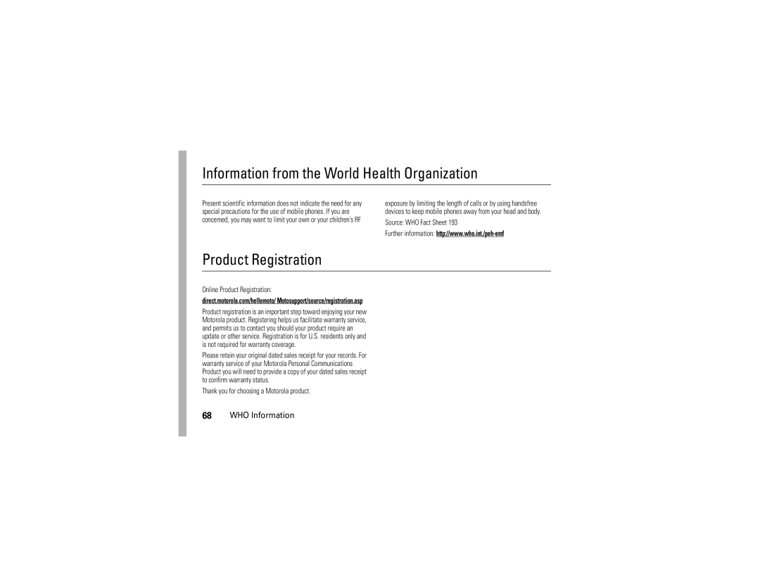 Motorola 6809512A76-A manual Information from the World Health Organization, Product Registration 