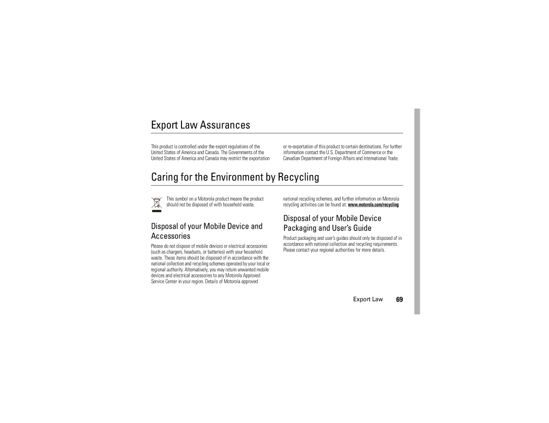 Motorola 6809512A76-A manual Export Law Assurances, Caring for the Environment by Recycling 