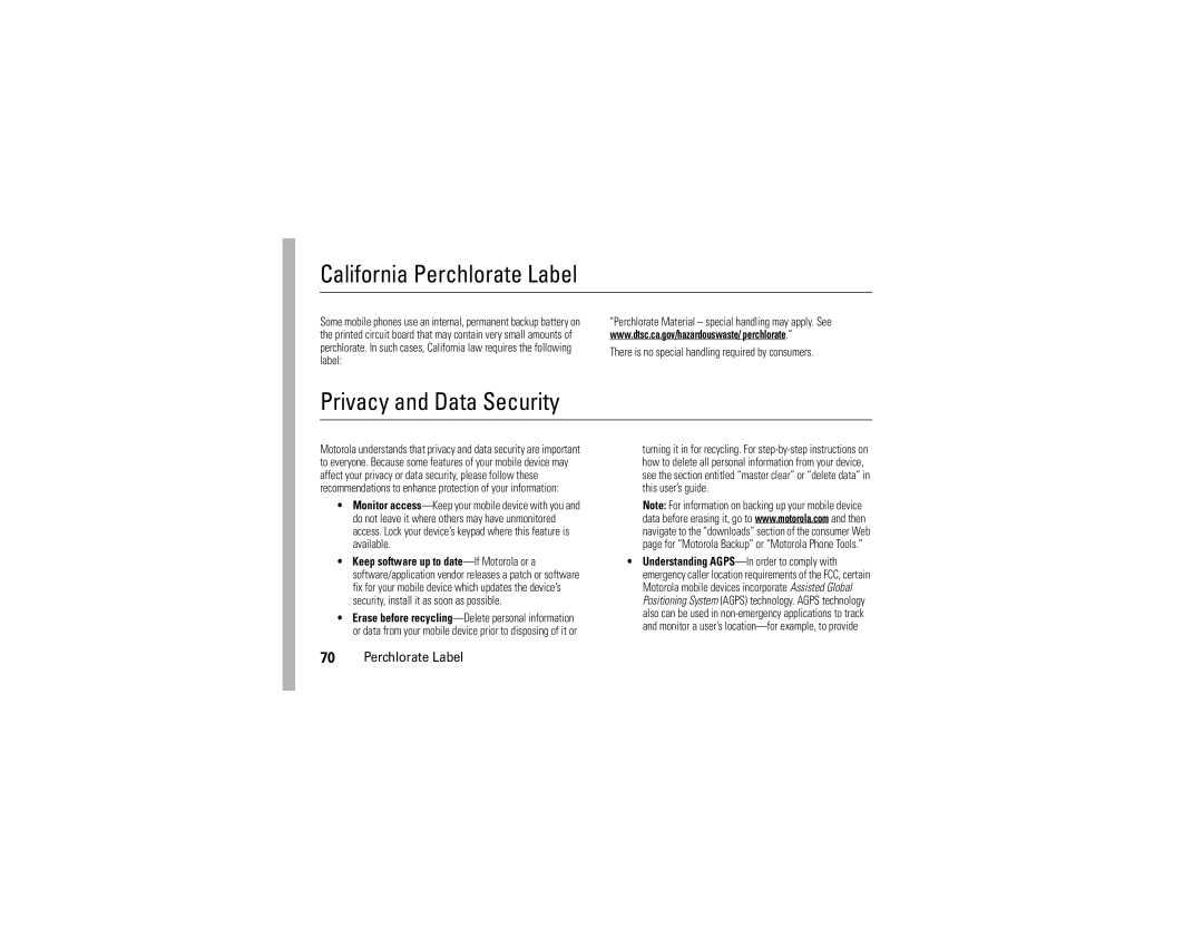 Motorola 6809512A76-A manual California Perchlorate Label, Privacy and Data Security 