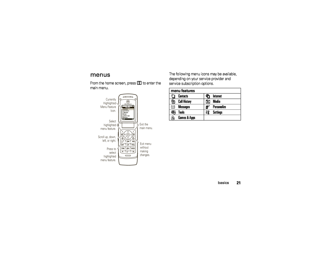 Motorola 6809512A76-A menus, n Contacts, á Internet, s Call History, h Media, e Messages, l Personalize, É Tools, @ z å 