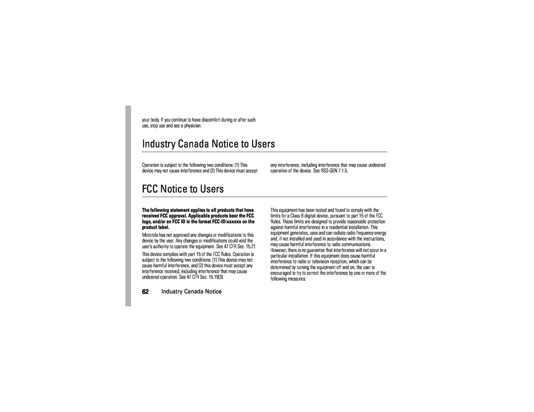 Motorola 6809512A76-A manual Industry Canada Notice to Users, FCC Notice to Users 
