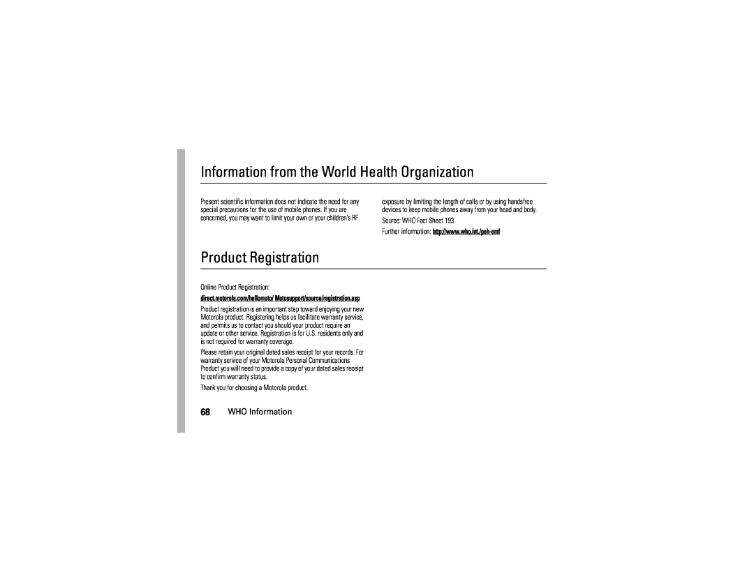 Motorola 6809512A76-A manual Information from the World Health Organization, Product Registration, Source WHO Fact Sheet 