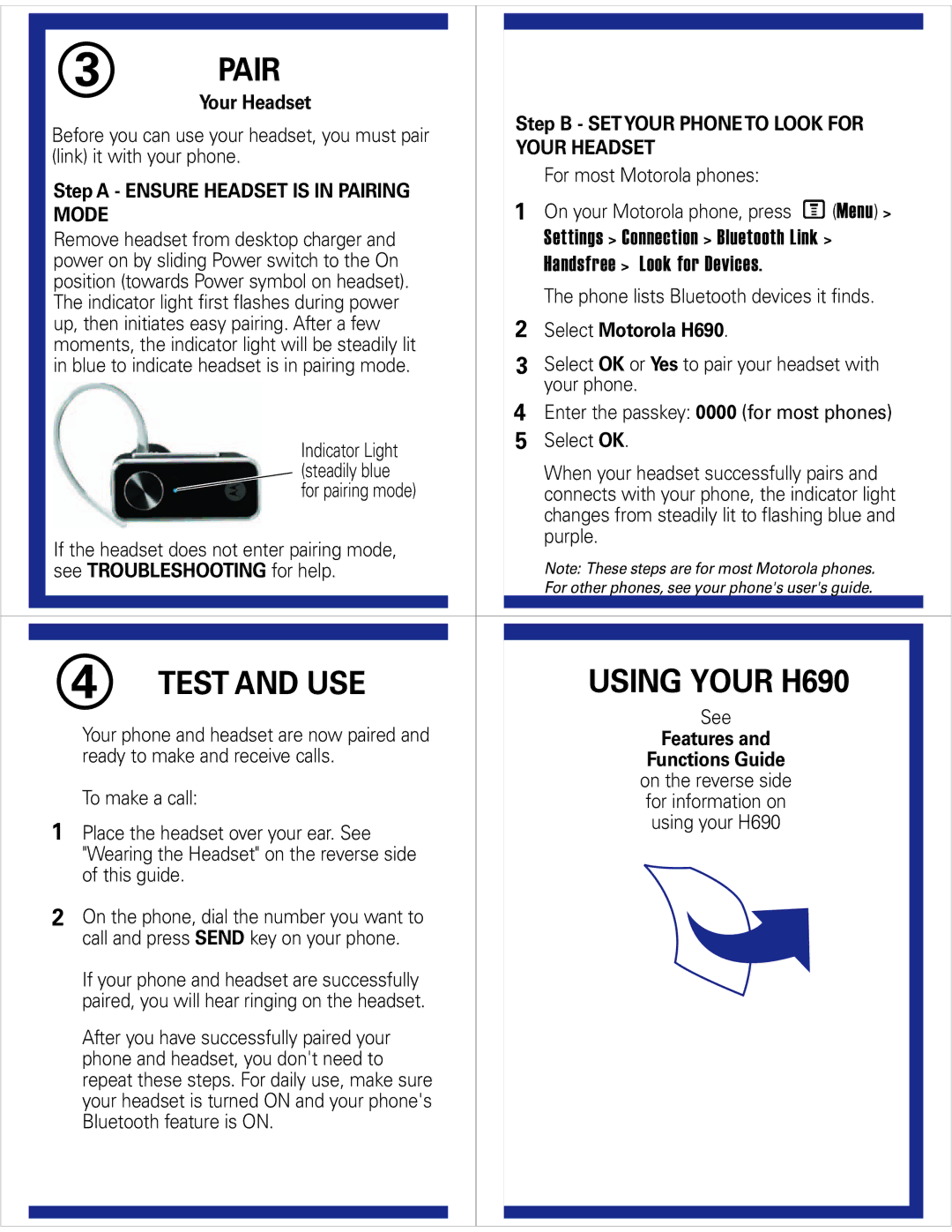 Motorola 6809521A35-B quick start Pair, Test and USE, Settings Connection Bluetooth Link, Handsfree Look for Devices 