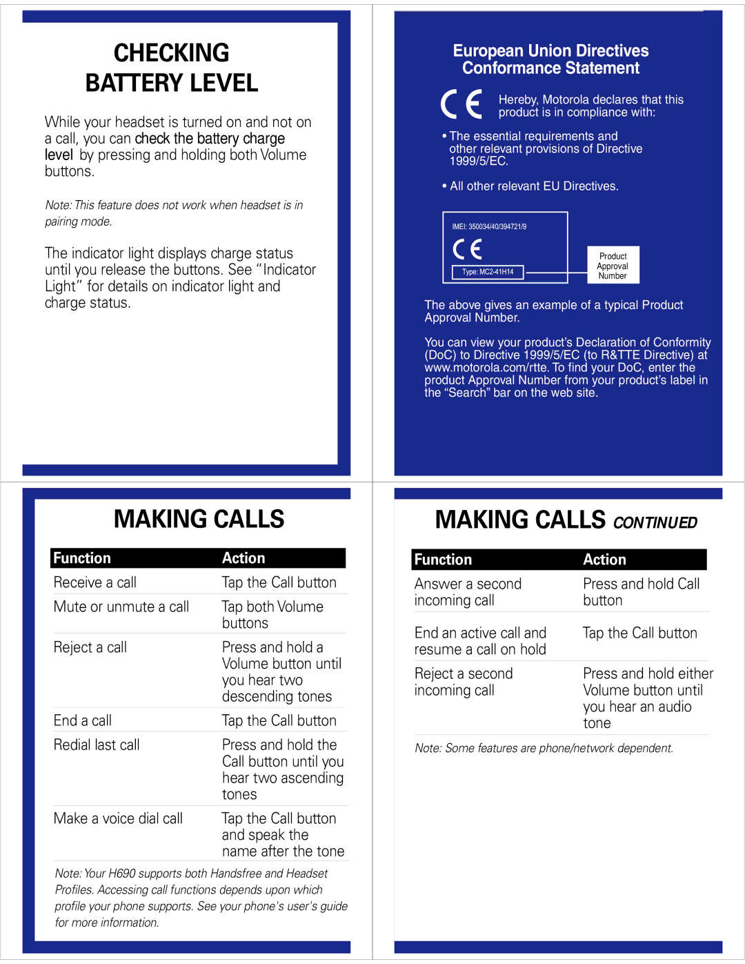 Motorola 6809521A35-B quick start Checking, Battery Level, Making Calls, Function Action 