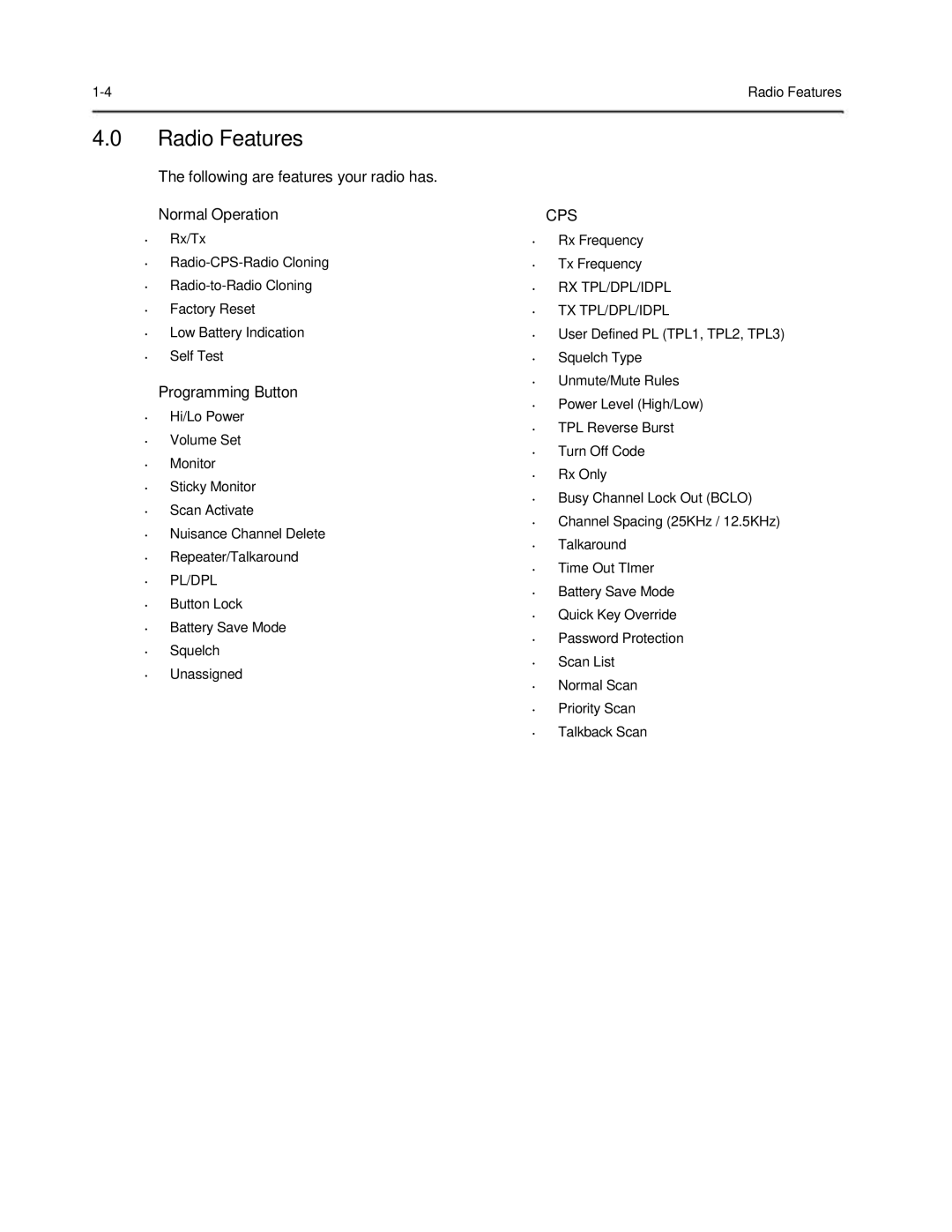 Motorola 6816101H01-A service manual Radio Features, Cps 