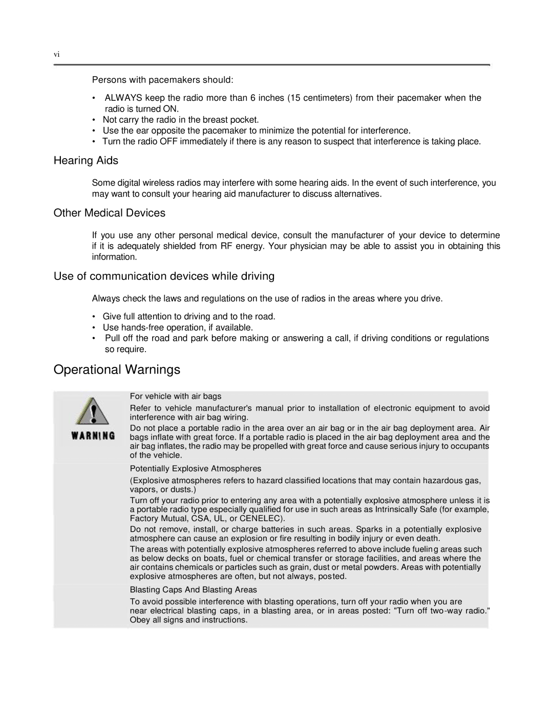 Motorola 6816101H01-A service manual Operational Warnings, Hearing Aids, Other Medical Devices 