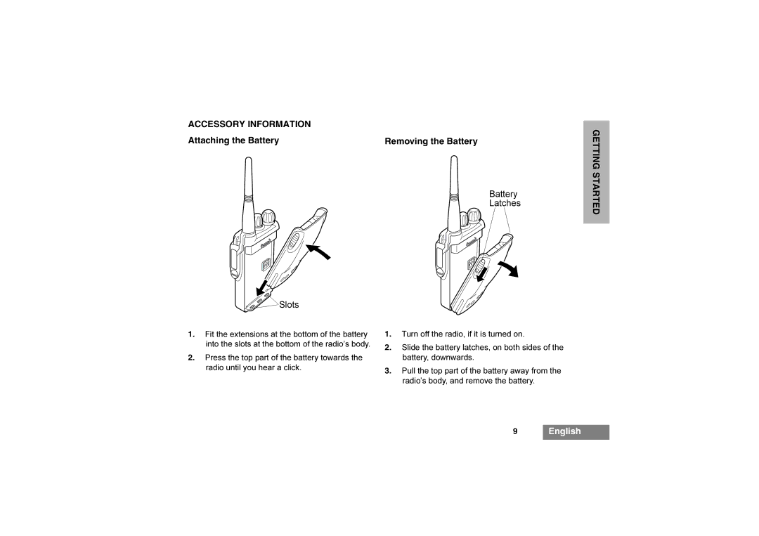 Motorola 6866542D03 manual Accessory Information, Attaching the Battery Removing the Battery 