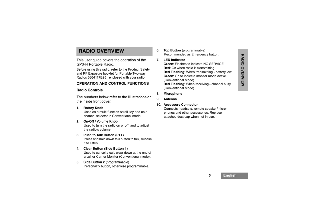 Motorola 6866542D03 manual Radio Overview, Operation and Control Functions, Radio Controls 