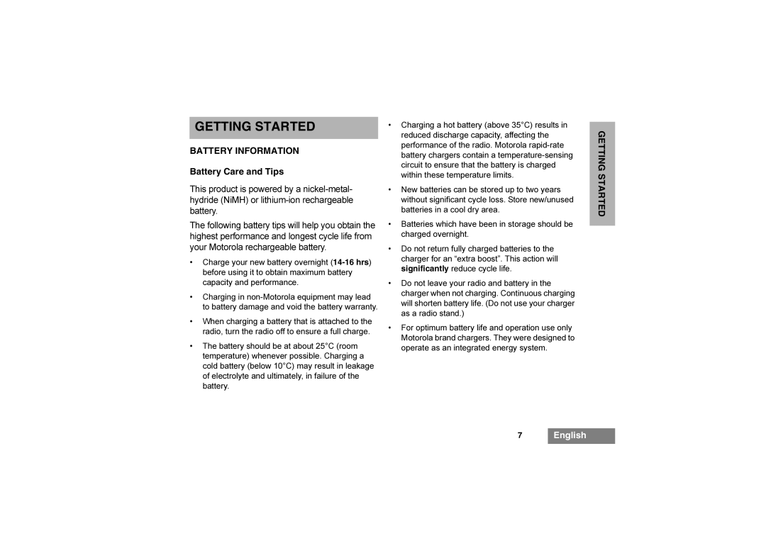 Motorola 6866542D03 manual Getting Started, Battery Information, Battery Care and Tips 