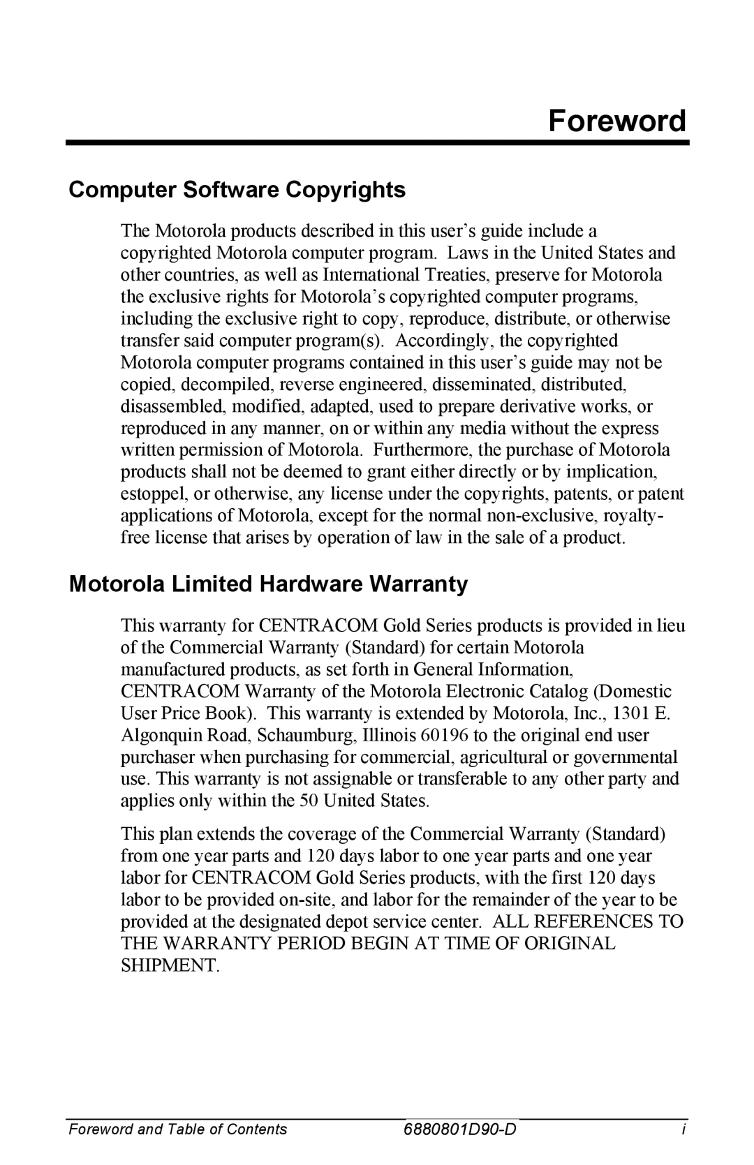 Motorola 6880801D90-D manual Foreword, Computer Software Copyrights, Motorola Limited Hardware Warranty 