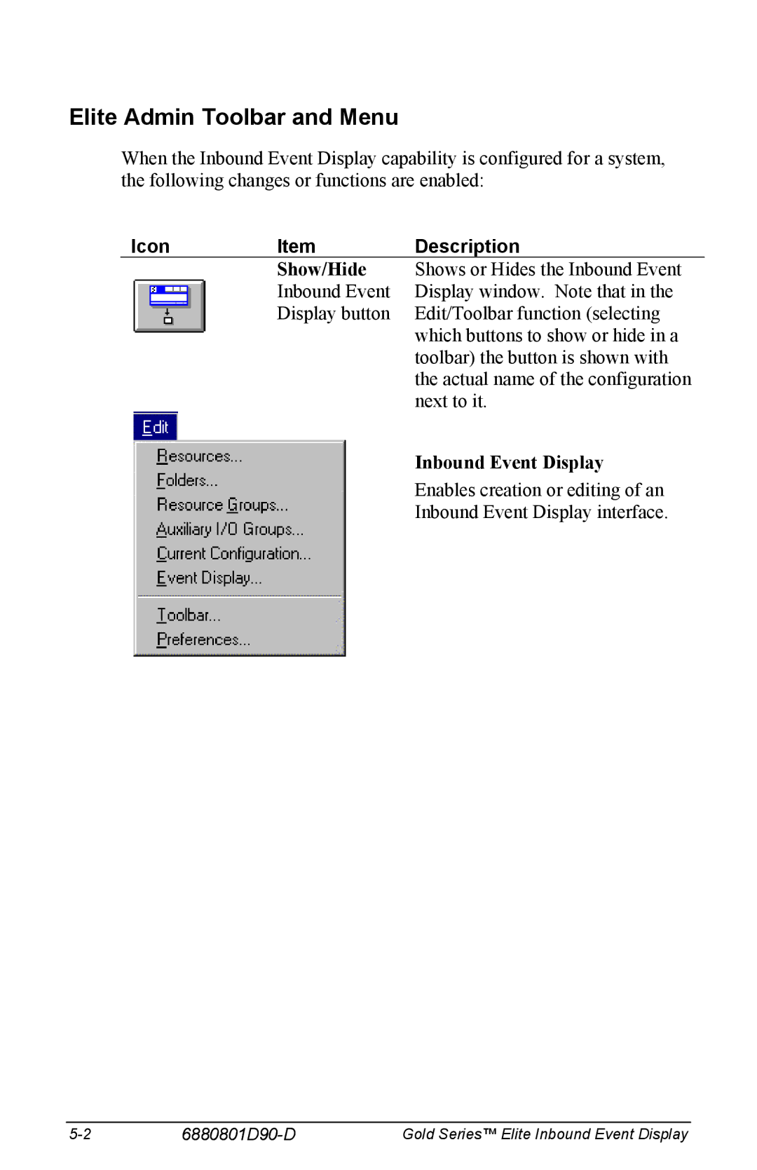 Motorola 6880801D90-D manual Elite Admin Toolbar and Menu, Show/Hide, Inbound Event Display 