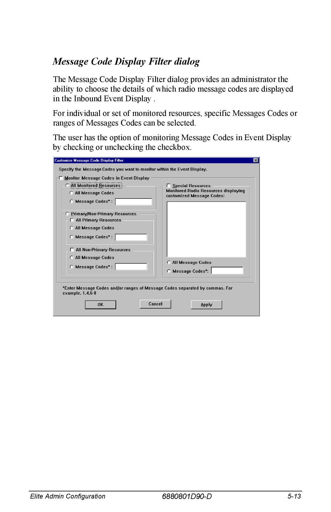 Motorola 6880801D90-D manual Message Code Display Filter dialog 