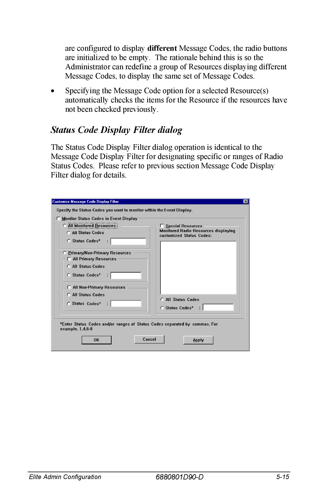 Motorola 6880801D90-D manual Status Code Display Filter dialog 