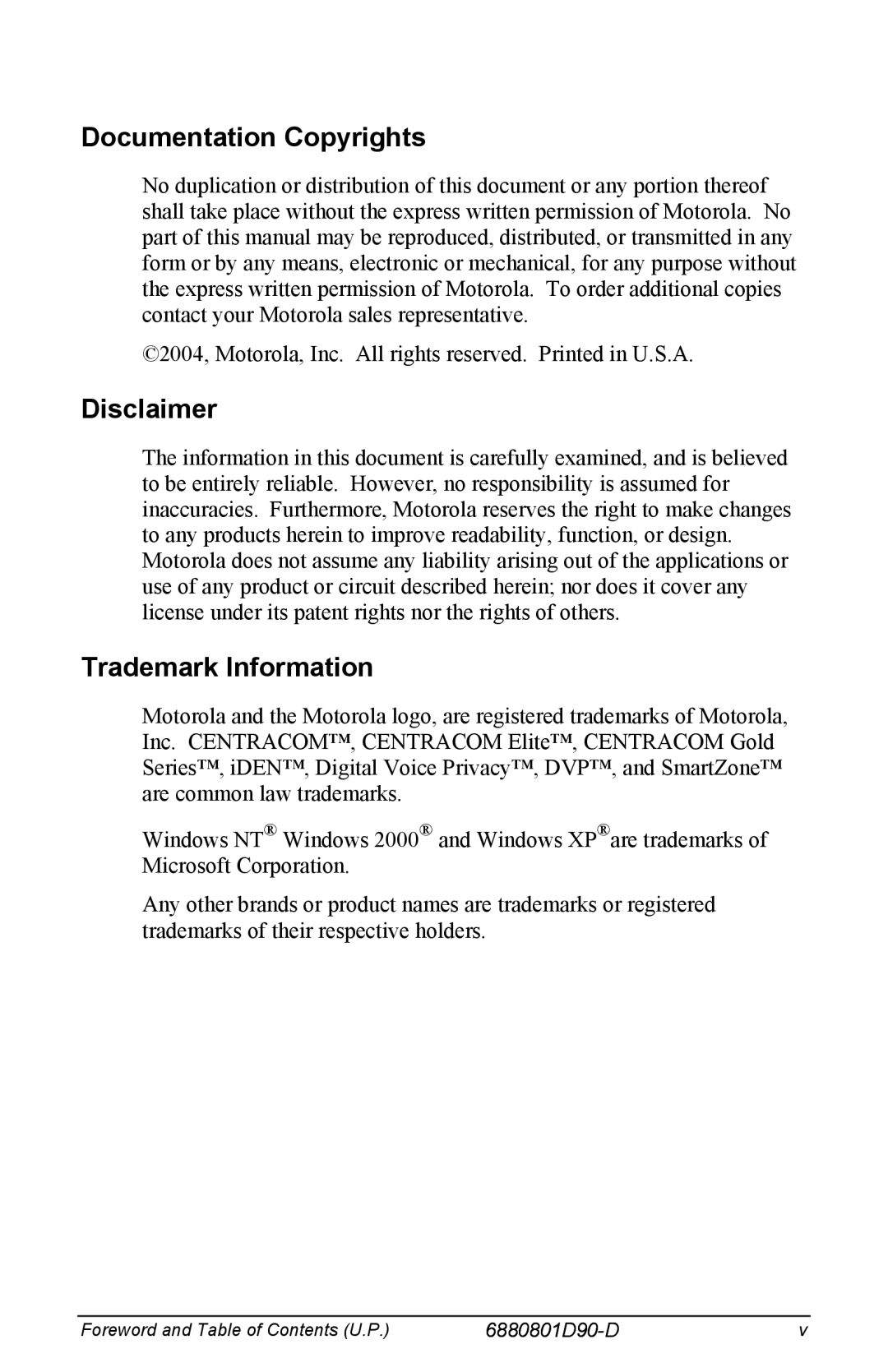 Motorola 6880801D90-D manual Documentation Copyrights, Disclaimer, Trademark Information 