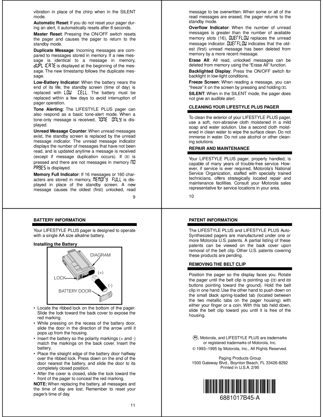 Motorola 6881017B45-A Cleaning Your Lifestyle Plus Pager, Repair and Maintenance, Battery Information Patent Information 