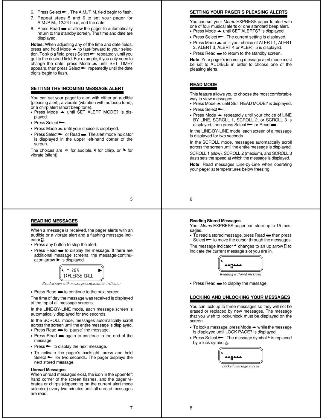 Motorola 6881018B45-B Setting Your PAGER’S Pleasing Alerts, Setting the Incoming Message Alert Read Mode, Reading Messages 