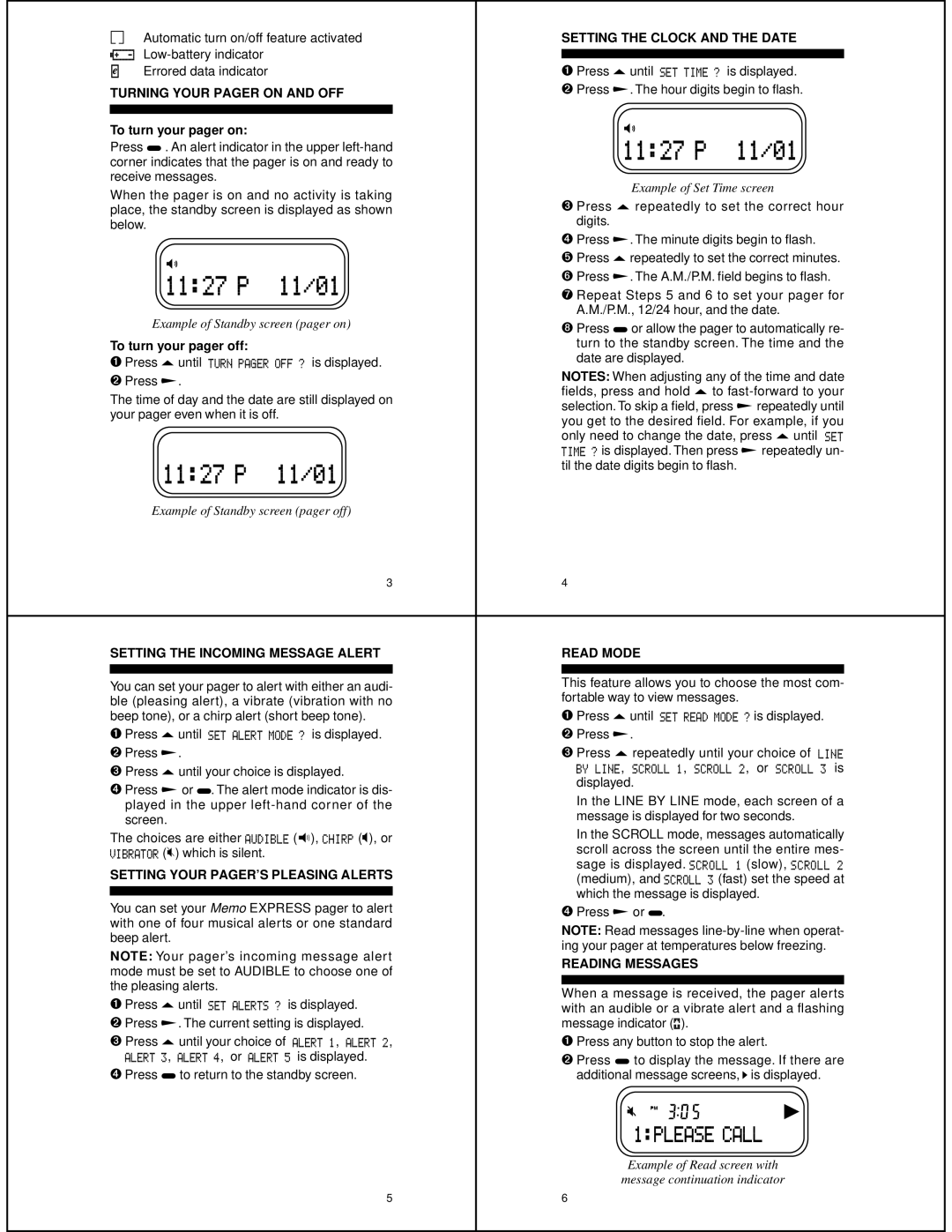 Motorola 6881021B30-C Setting the Clock and the Date, Turning Your Pager on and OFF, Setting Your PAGER’S Pleasing Alerts 