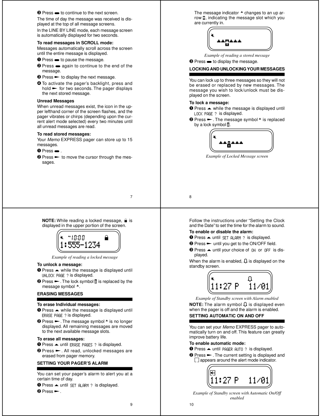 Motorola 6881021B30-C manual Locking and Unlocking Your Messages, Erasing Messages, Setting Automatic on and OFF 