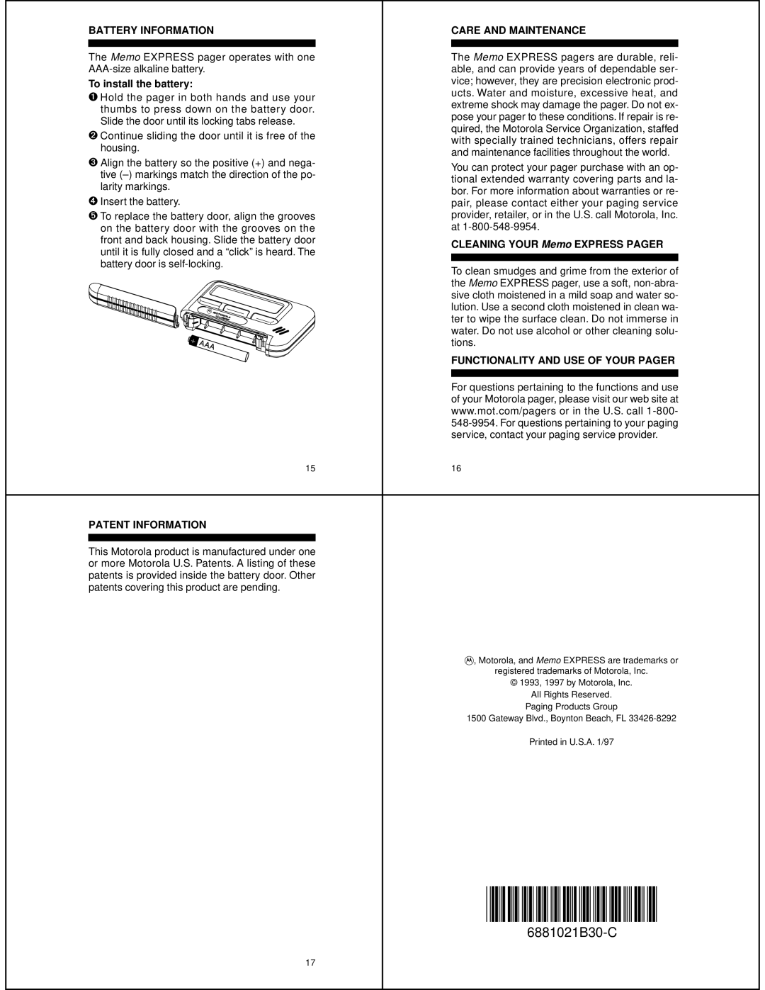 Motorola 6881021B30-C Battery Information Care and Maintenance, To install the battery, Cleaning Your Memo Express Pager 