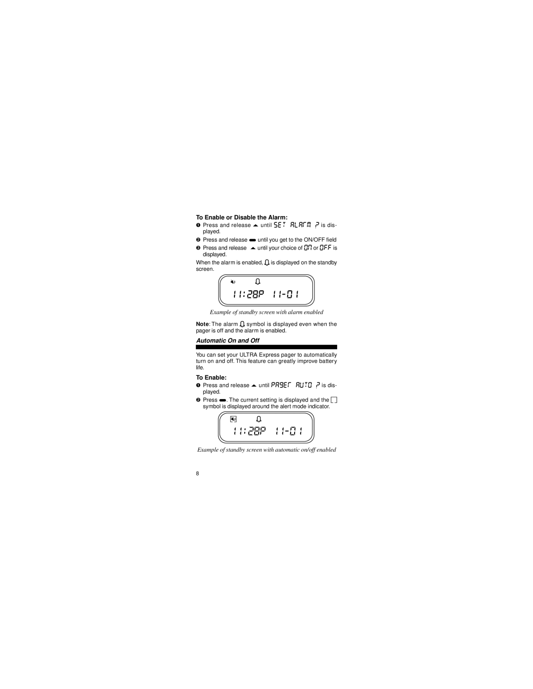 Motorola 6881023B75-A(X) manual 1128p, To Enable or Disable the Alarm, Automatic On and Off 