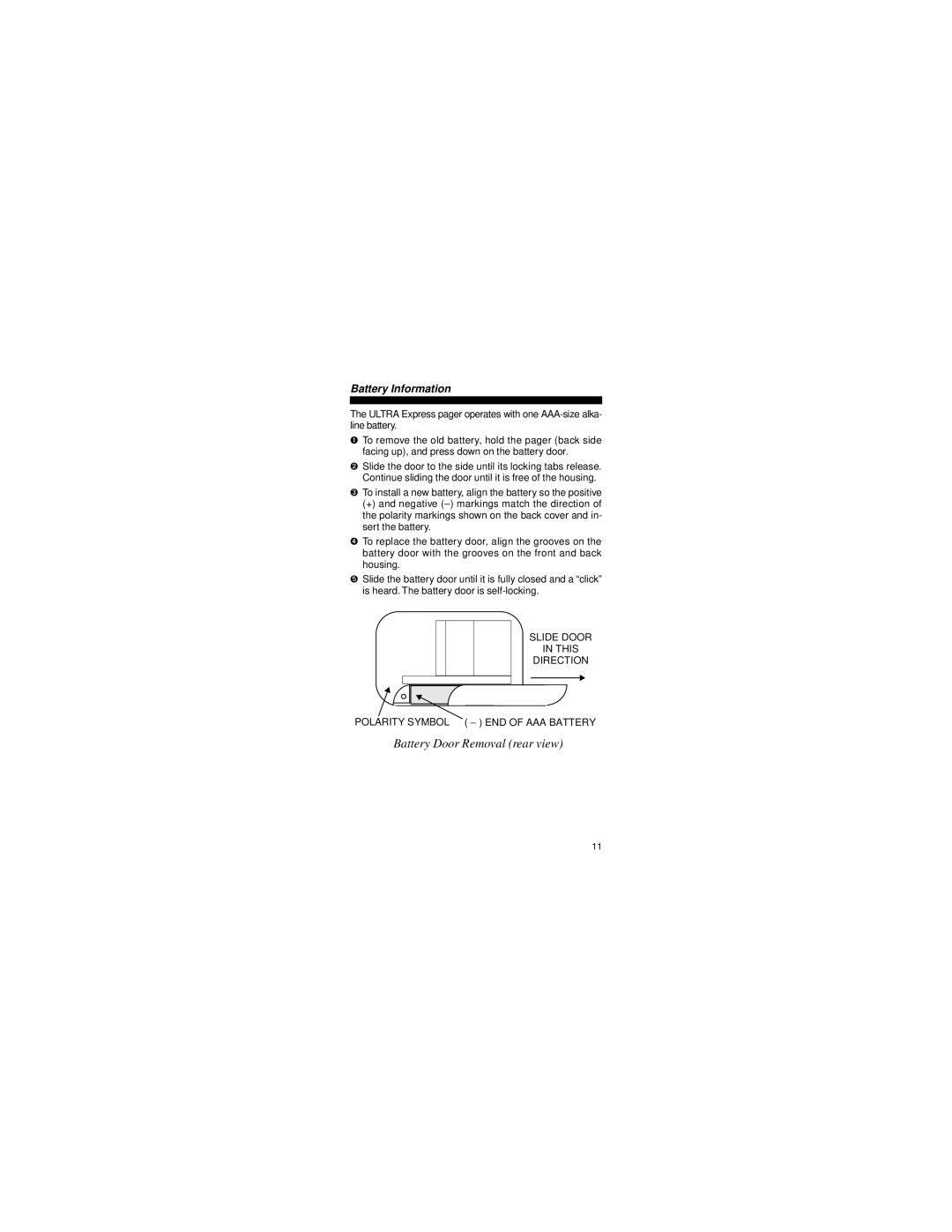 Motorola 6881023B75-A(X) manual Battery Door Removal rear view, Battery Information 