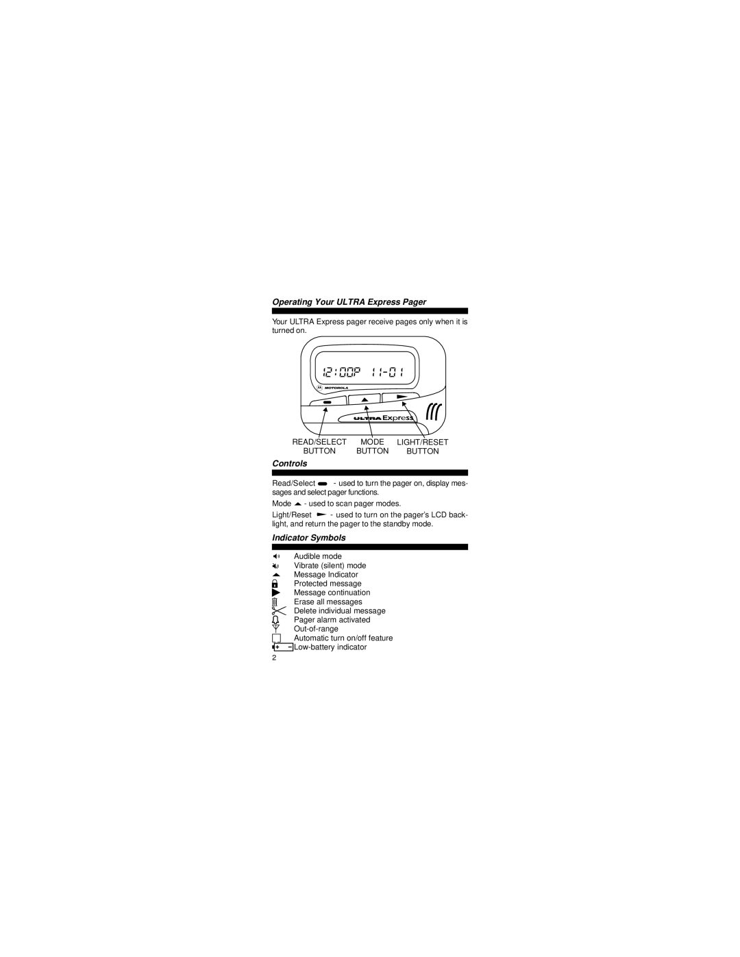 Motorola 6881023B75-A(X) manual 1200p, Operating Your Ultra Express Pager, Controls, Indicator Symbols 