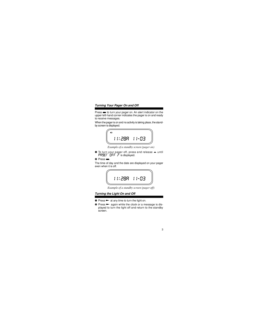 Motorola 6881023B75-A(X) manual 1128a, Turning Your Pager On and Off, Turning the Light On and Off 