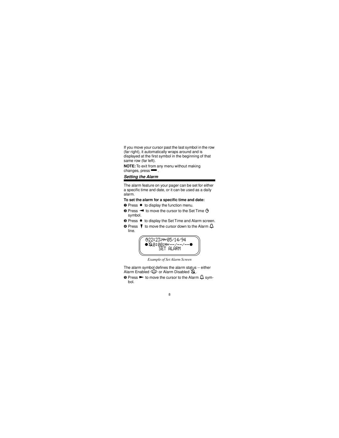 Motorola 6881024B55-A manual Setting the Alarm, To set the alarm for a speciﬁc time and date 