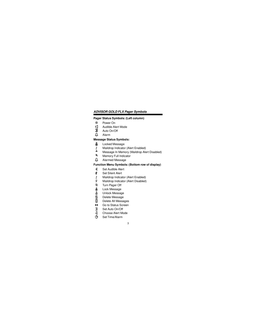 Motorola 6881024B55-A manual Advisor Gold FLX Pager Symbols, Pager Status Symbols Left column, Message Status Symbols 