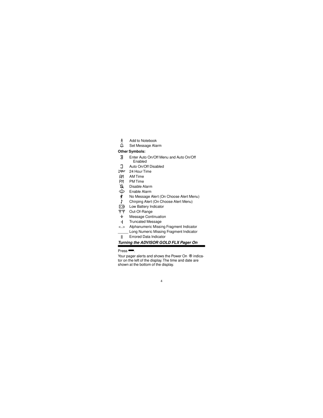 Motorola 6881024B55-A manual Turning the Advisor Gold FLX Pager On, Other Symbols 